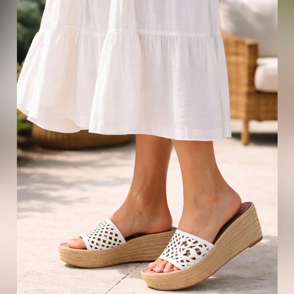 Tory Burch Sz 9 White Leather Logo Espadrille Wedge Platform Sandals Slide